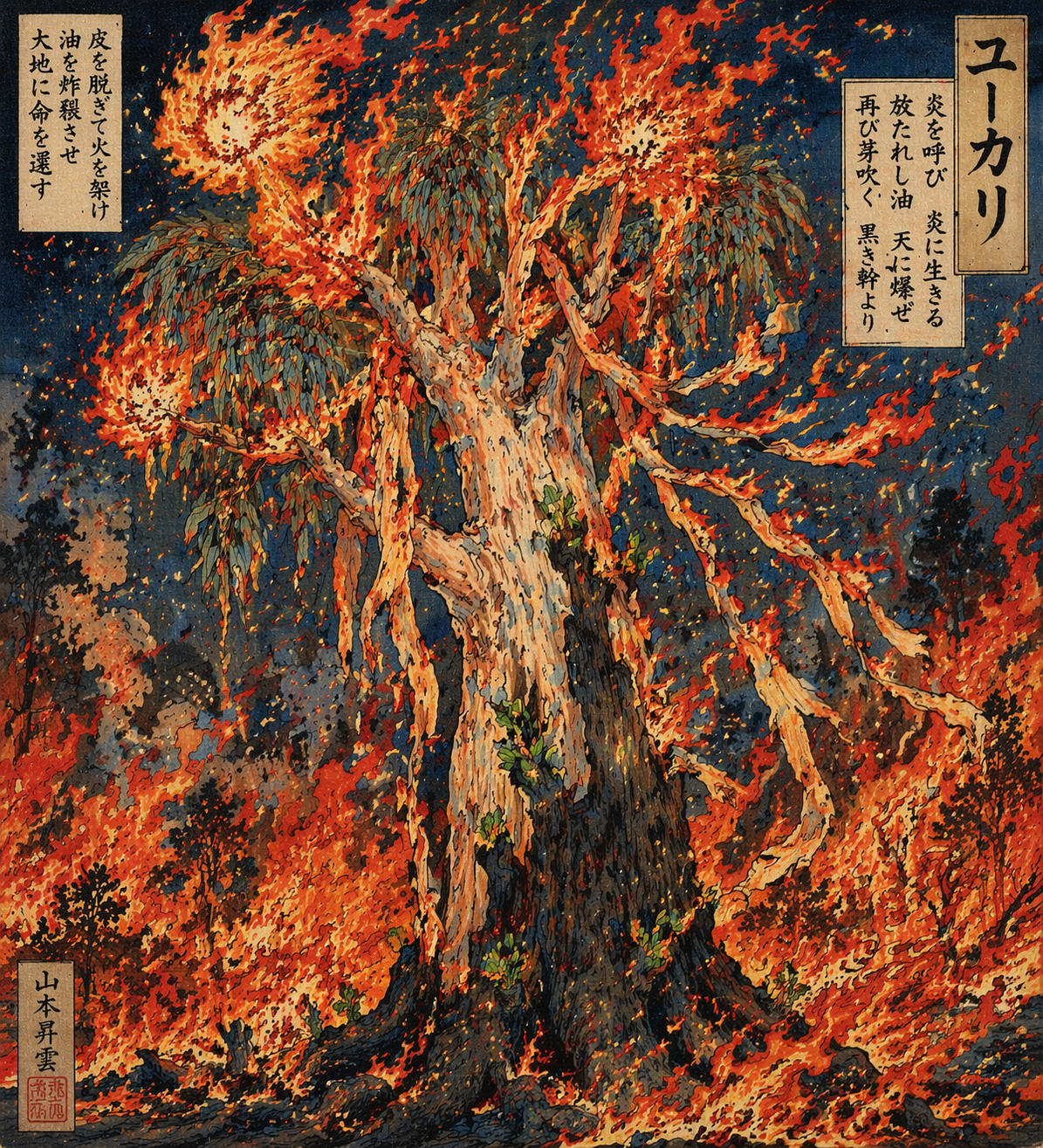 Eucalyptus demanding fire — oil-rich leaves exploding, bark shedding as fire ladders